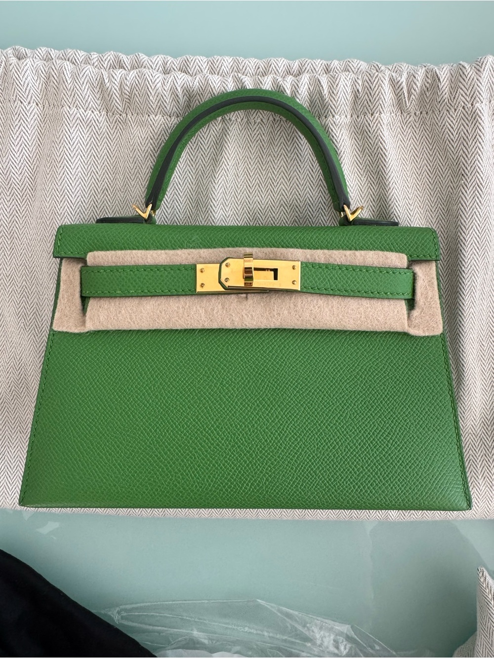 Hermes mini Kelly Green Leather Top-Handle with Gold Hardware